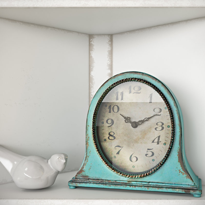 Decorative Metal Mantel Clock with Wooden Base Distressed, Aqua