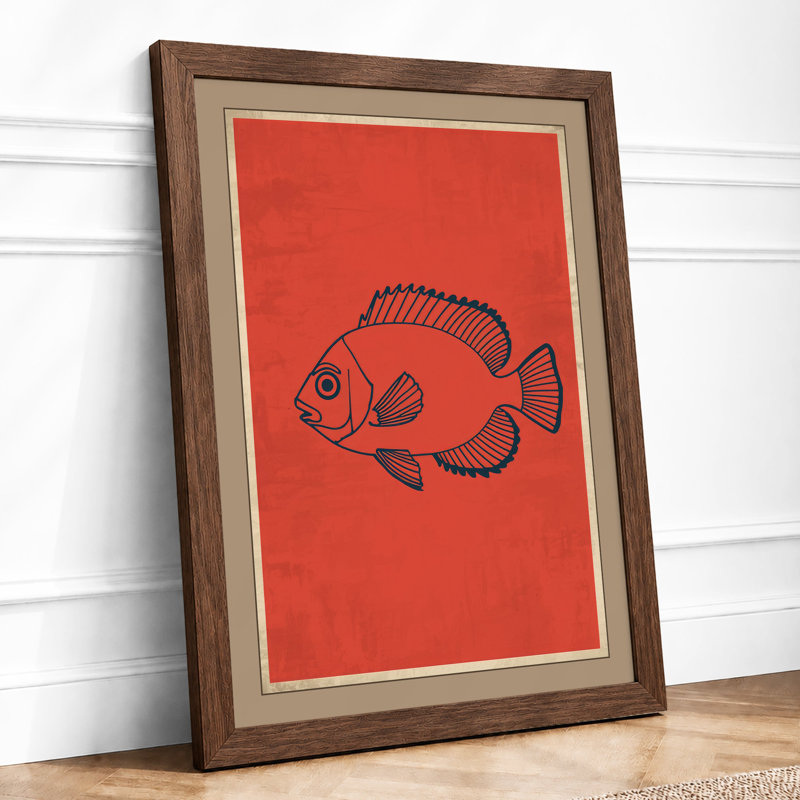 Fish In Line Graphic Art - Print, A2 - 59.4cm H x 42.0cm W, Walnut