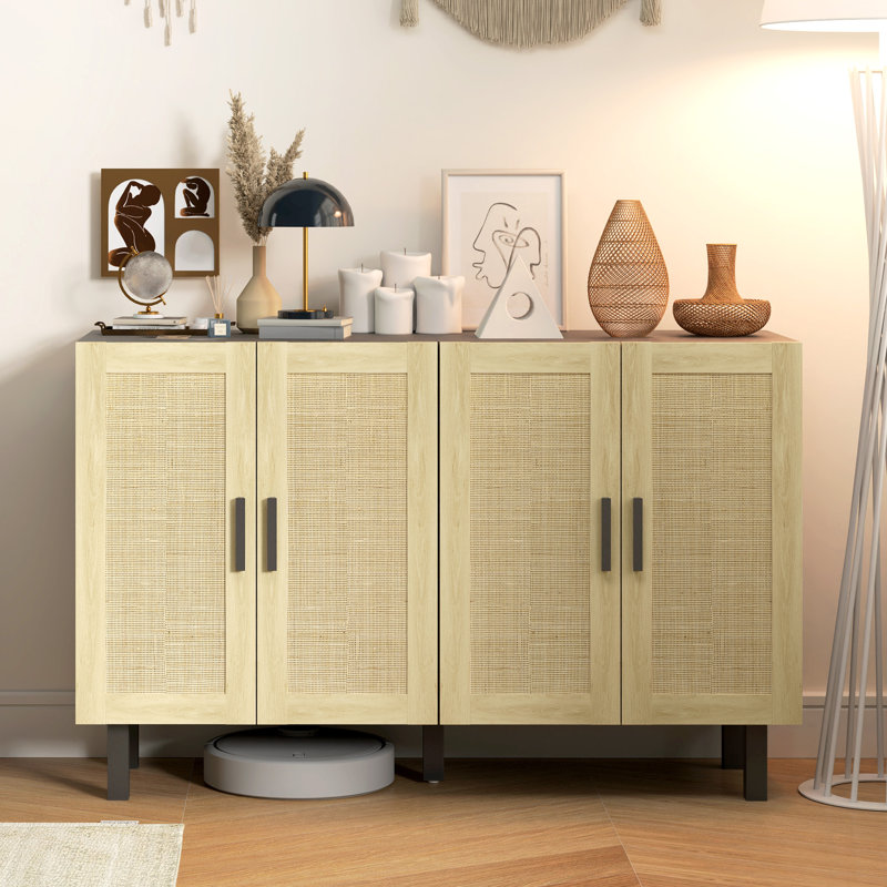 Buffet buffet, armoire de cuisine, armoire à café avec 4 portes en rotin et tablettes réglables, Noir, noir, noir, noir