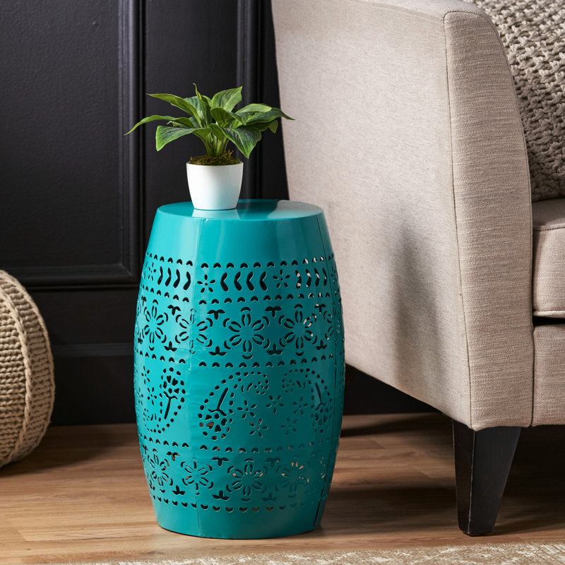 Delicate Teal Lace Cut Side Table, 12.14”x12.14”x18.52”, Powder-coated Iron Frame, No Assembly Modern 12.14”w X 12.14”d 18.52”h, Teal, Metal,