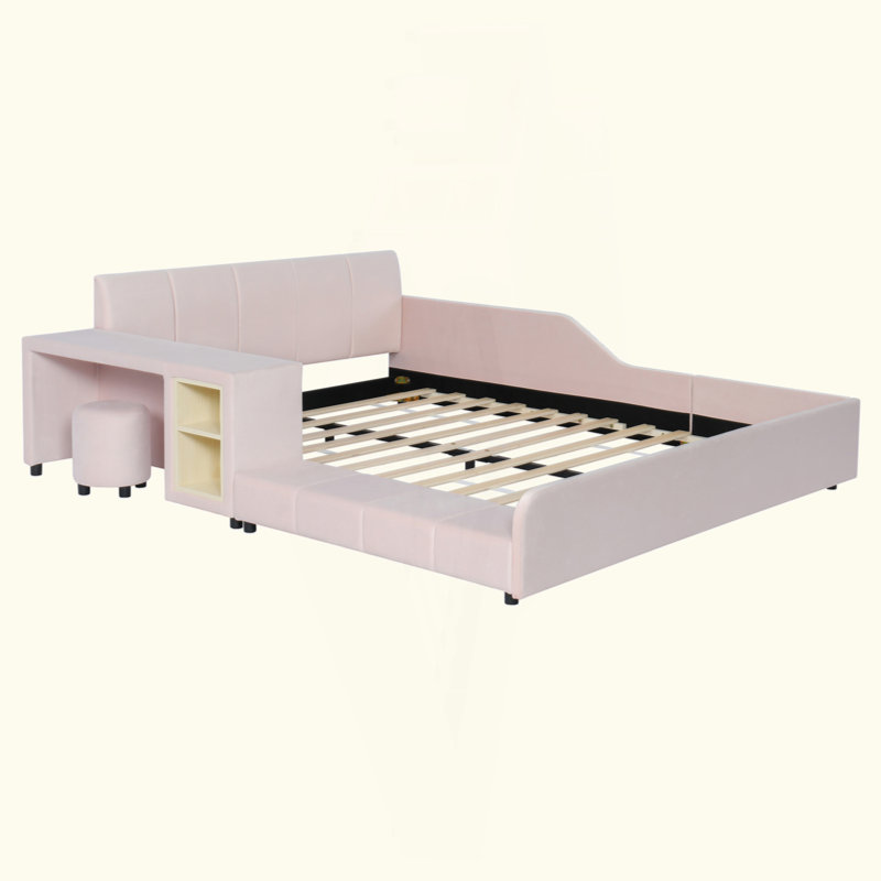 Upholstered Grounded Bed, Mother & Child Bed With Bedside Desk And Little Round Stool, Velvet, Queen, Pink