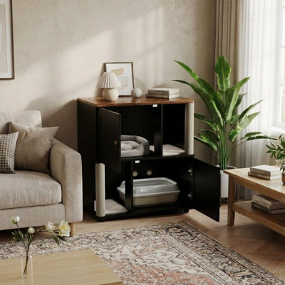 Cat Litter Box Furniture, Cat Litter Cabinet w/ Double Enclosed wastebox Enclosure, Wooden Cats Box Furniture w/Scratching Post & Dual Mats