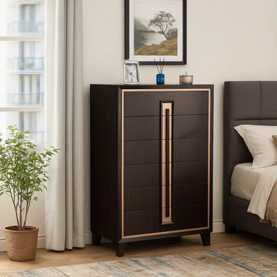Commode haute Yada, 5 tiroirs, brun espresso, or