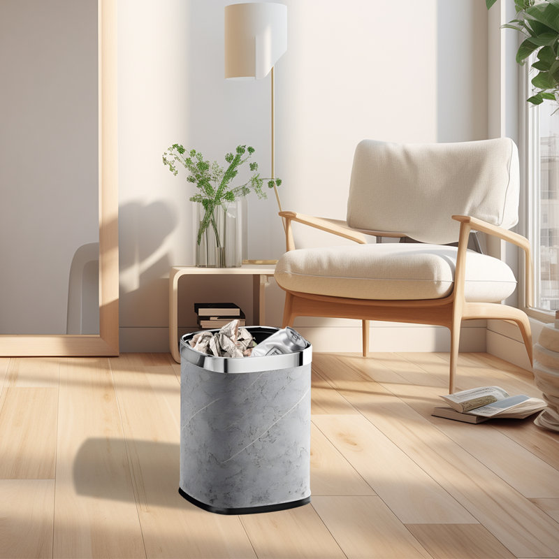 Metal+leather Open Waste Basket - 2.63 Gallons, Silver/Gray