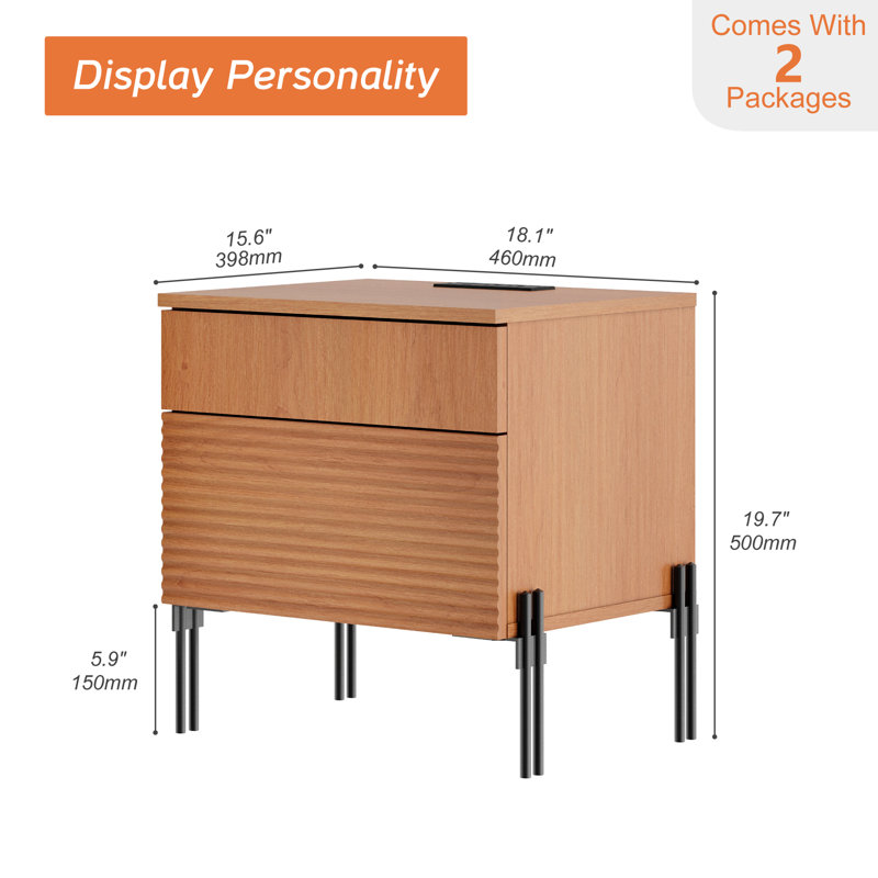  Laverda Modern End Table With Usb Ports, Mocha, 2 PCS