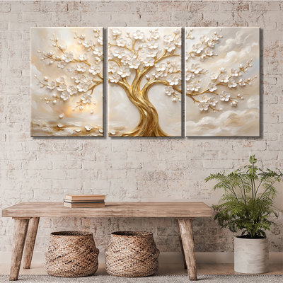 Golden Tree with White Floral Texture Art - Premium Gallery Wrapped Canvas Prints Set Of 3