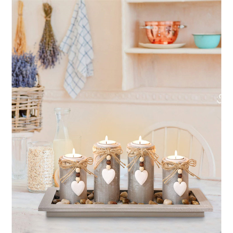 4 Piece Wood Tabletop Tealight Holder Set