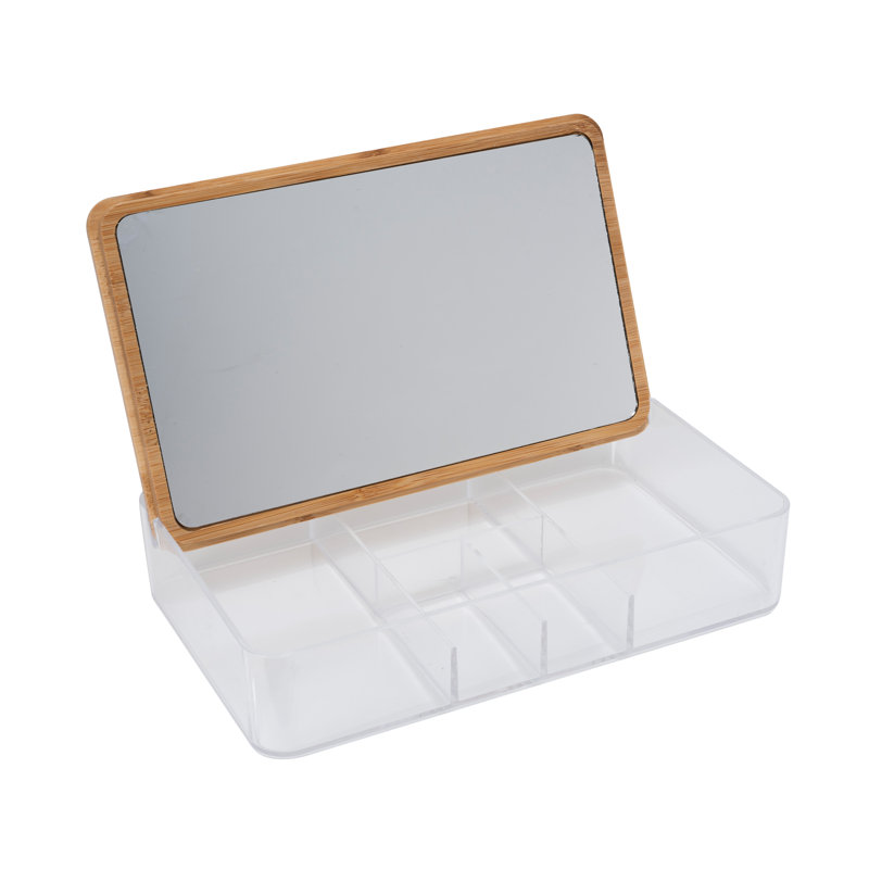 Organisateur transparent à 5 compartiments avec couvercle en bambou et miroir 