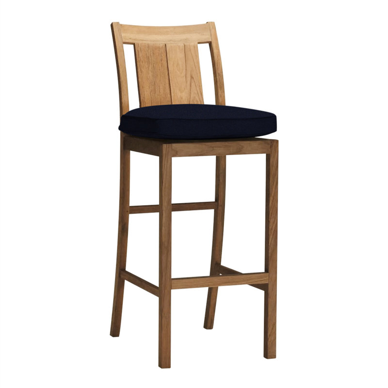 Croquet 24.5" Patio Bar Stool with Cushion, Welt, Natural Teak, Linen Navy