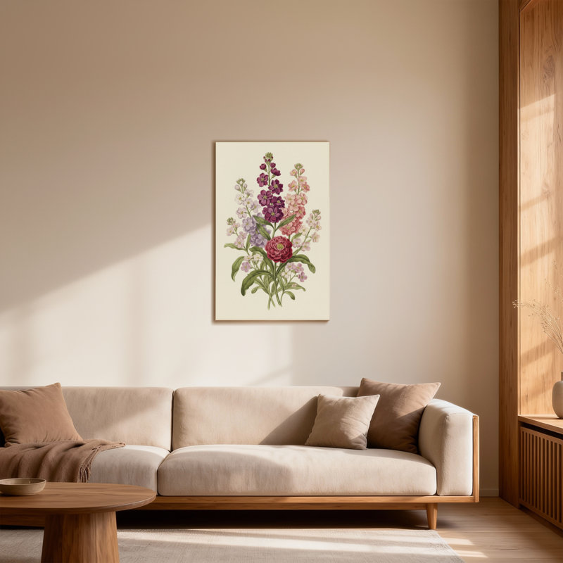 Bouquet de plantes et de fleurs avec fleurs roses et mauves, H 20 po x l 30 po