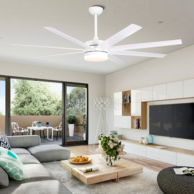 Ventilateur de plafond blanc 65 pouces à 8 pales avec lumières et télécommande, 6 vitesses, 3 couleurs, moteur à courant continu pour salon