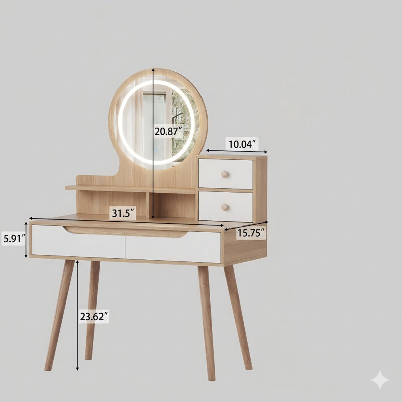 Makeup Vanity Desk With A Three-Panel Adjustable Lighted Mirror And Solid Wood Table Legs. This Dressing Table Set Includes Four Drawers And Three Open Shelves, Designed For Bedrooms With Limited Space.