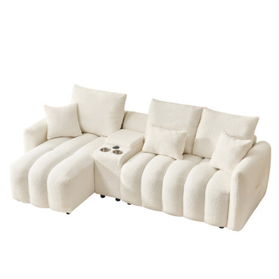 92-inch high-quality teddy fur fabric corner sofa, with USB port, center console and coffee table. A super large cushioned sofa, suitable for grand living rooms, apartments and offices.