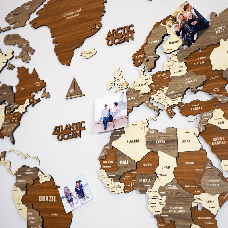 Wooden World Map Wall Art - 3D Wood Push Pin Maps - Multilayered 3D Wooden World Map, 80cm H x 150cm W