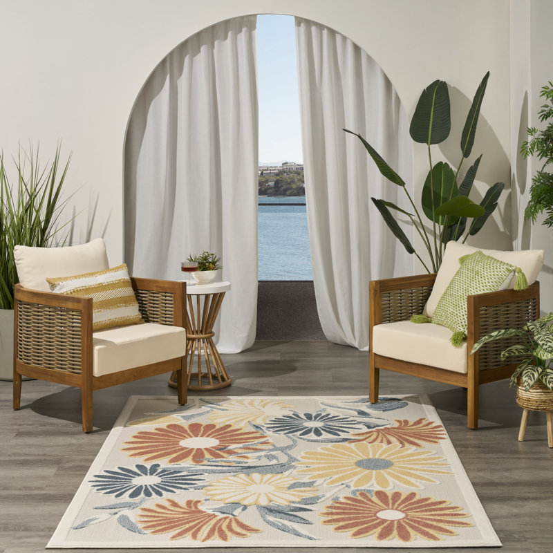 Shila  Ivory Rose Outdoor Rug, Rectangle 3'6" x 5'6"