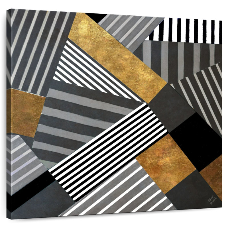 Rayures géométriques dorées et noires II, H 16 po x l 16 po