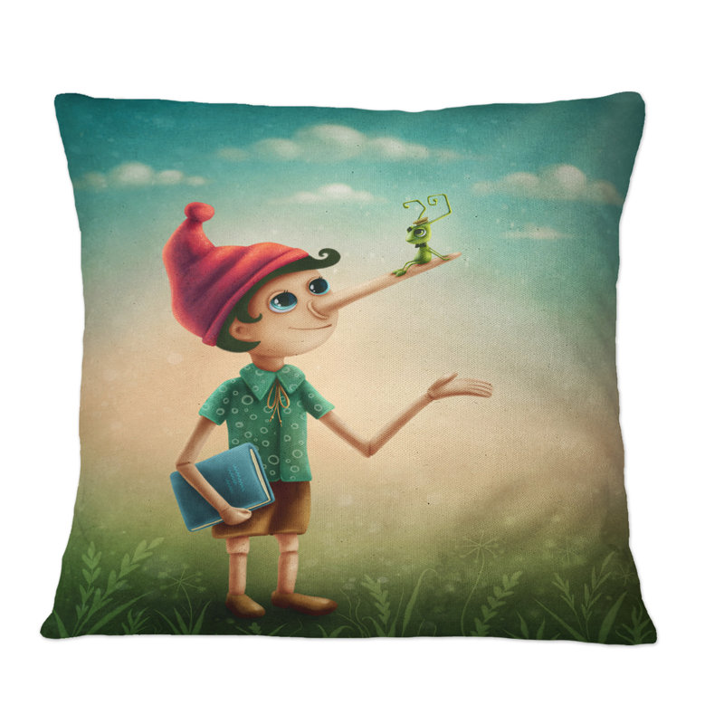 Pinocchio avec personnage de conte de fées à long nez - Coussin décoratif pour enfants, 18 po x 18 po
