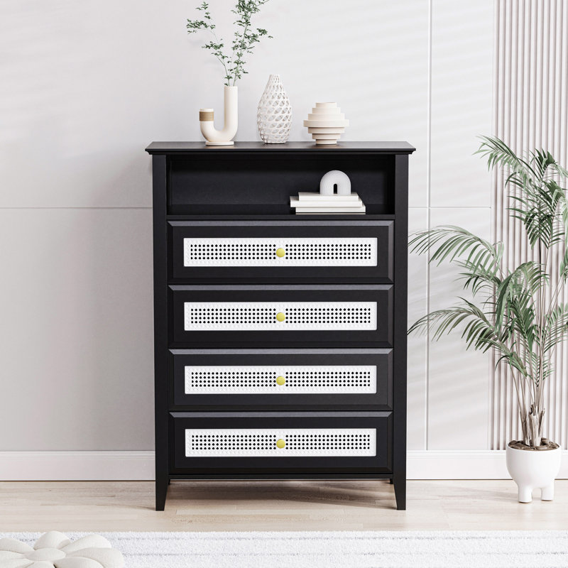 Commode décorative en rotin Adalise, style rétro, chambre en bois, ensemble ouvert, grande ouverture