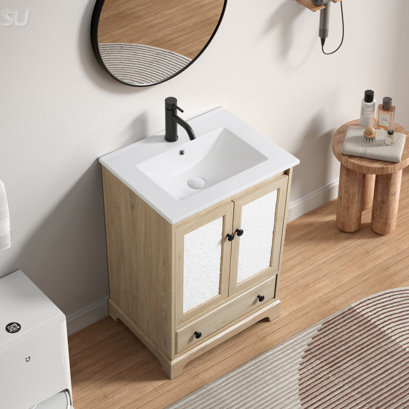 Base de meuble-lavabo de salle de bain avec matériau en bois, prête à assembler, d'une largeur de 24 pouces, à l'exception du lavabo et du robinet