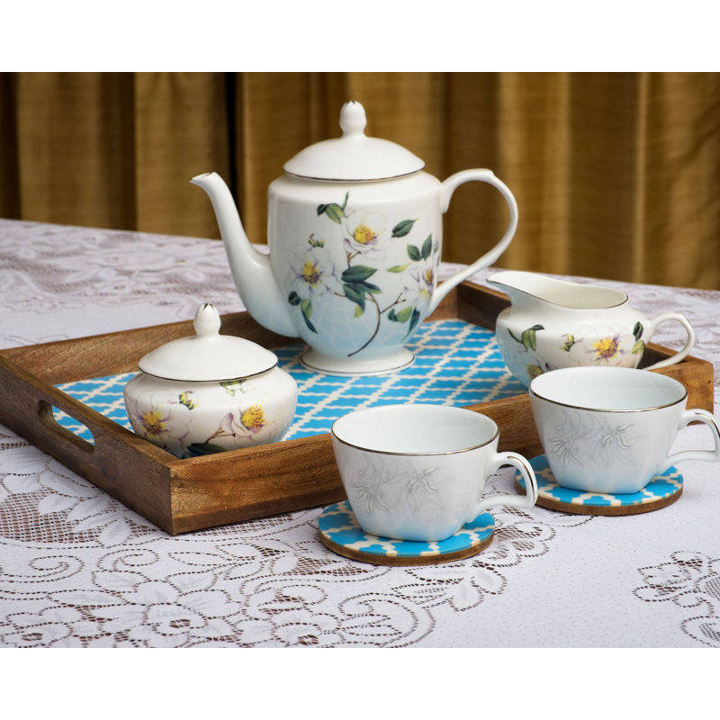 Aiesha Solid Wood Tray, White/Aqua