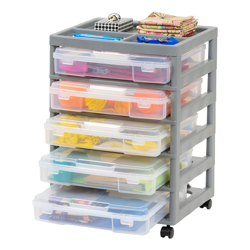Clear and Gray 5-Drawer Rolling Storage Cart with Organizer Top
