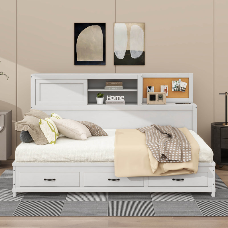 Lit de jour en bois Jacksten avec 3 tiroirs, tablette souple supérieure, tablette, prises et ports USB, Double, Blanc/naturel