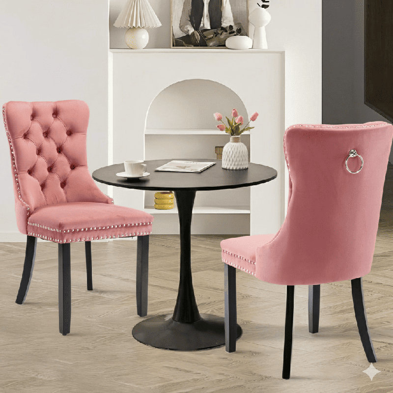 Ensemble de table de salle à manger rond avec 2 chaises, Noir, noir, noir, noir, Rose/noir