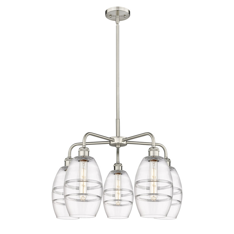 Lustre rond / ovale à abat-jour 5 lumières, Nickel satiné, H 13,63 po x l 23,88 po x P 23,88 po, Transparent