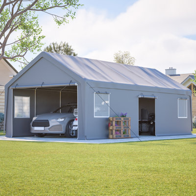 Abri de voiture robuste de 4 x 8 m avec parois latérales amovibles et fenêtres, abri de garage portable toutes saisons, gris