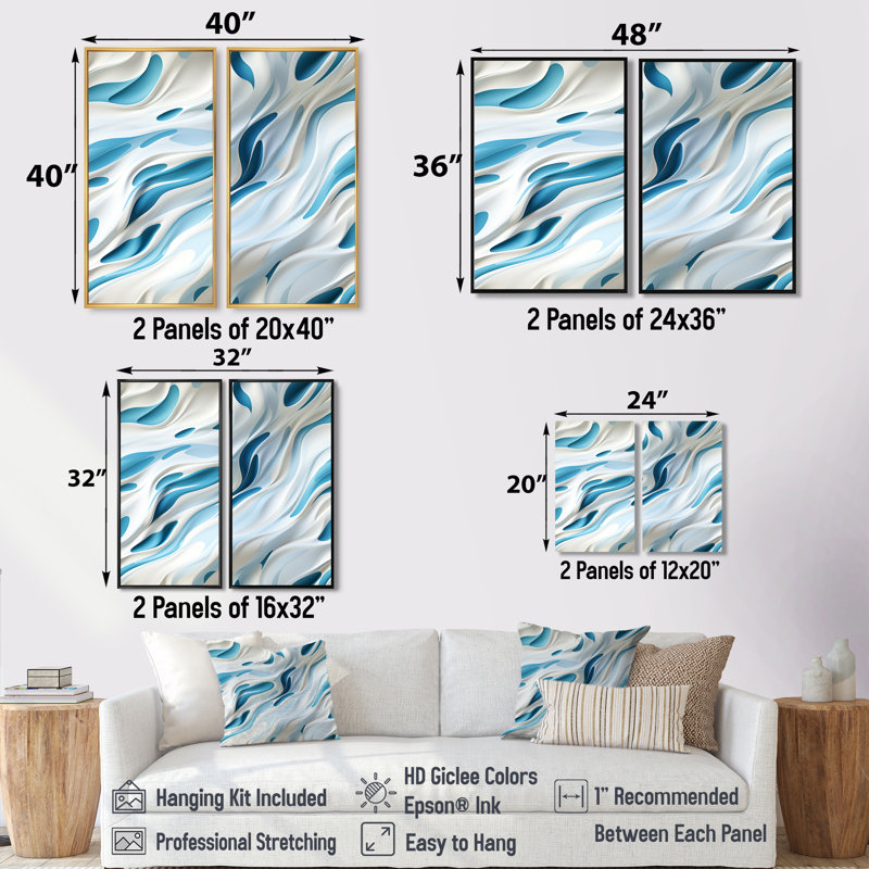 «Blue and White Snowy Serenity - Crème», reproduction d'art moderne sur toile, Black, 36" H x 48" W