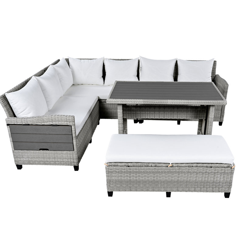 Ensemble de canapé d'extérieur en rotin 5 pièces, ensemble de meubles modulaires en osier en PE, blanc, ensemble de patio, ensemble de conversation