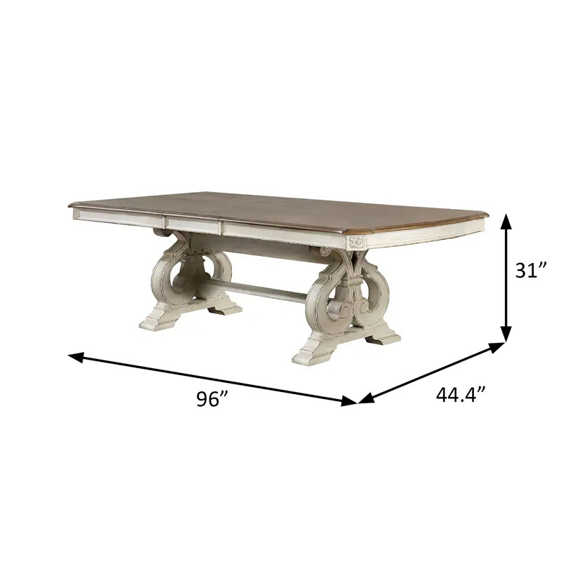 96" W Rustic Dining Table, Antique White, Brown/Antique White