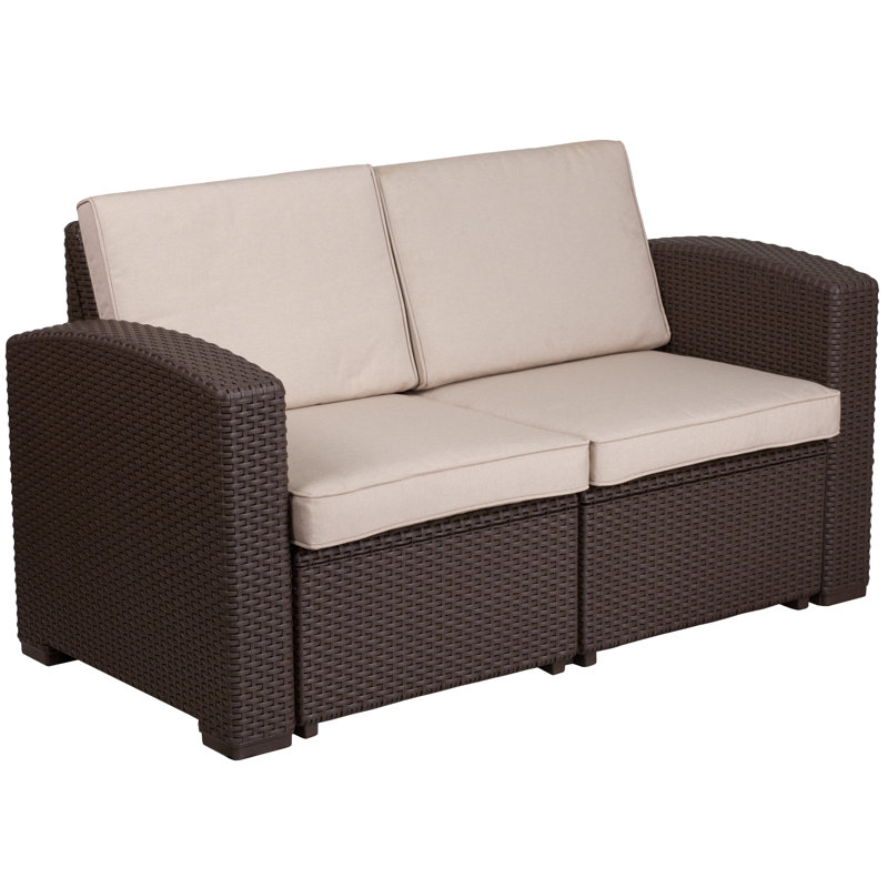 Alderman Faux Rattan Loveseat with All-Weather Cushions, Brown/Beige