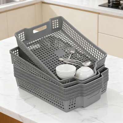 Stackable Plastic Organizing Baskets With Handles For Home And Office Storage, Set Of 6 Trays For Shelves, Drawers, And Desktops