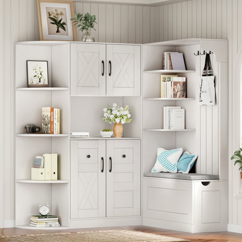 2-Piece Entryway Hall Tree Storage Cabinet with 4 Hooks, Reversible Left/Right Combo, Freestanding Set, Antique Blue, White