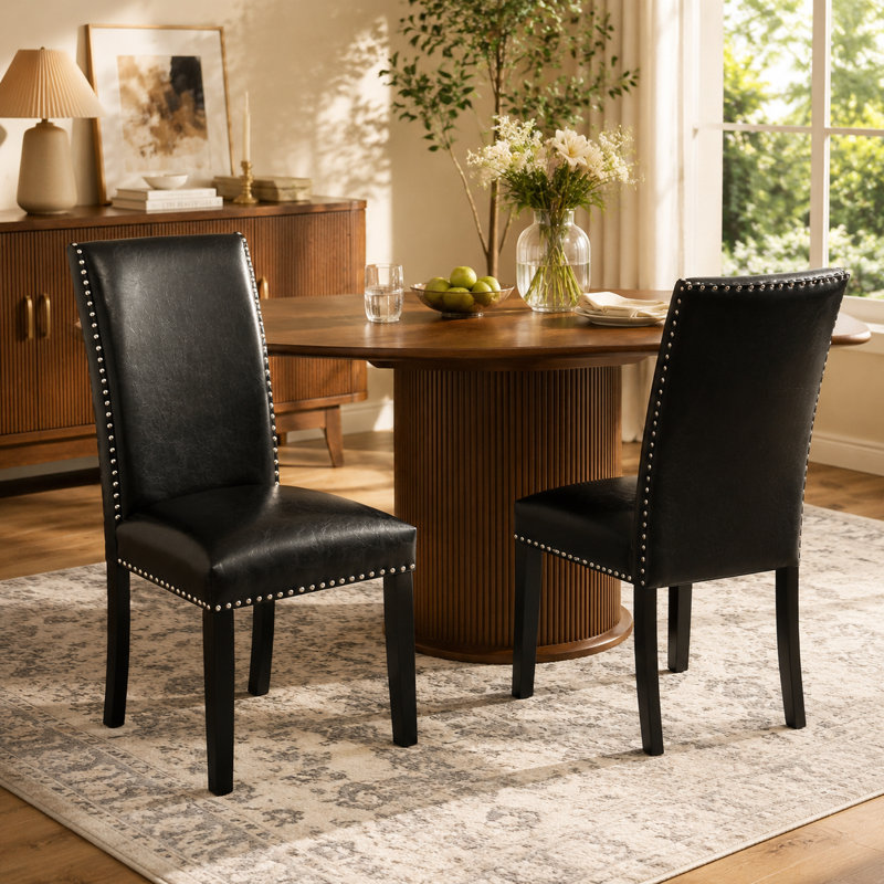 LUMERA Collection Upholstered Parsons Dining Chair with Nailhead Trim, High Back Faux Leather Side Chair, Black, Black
