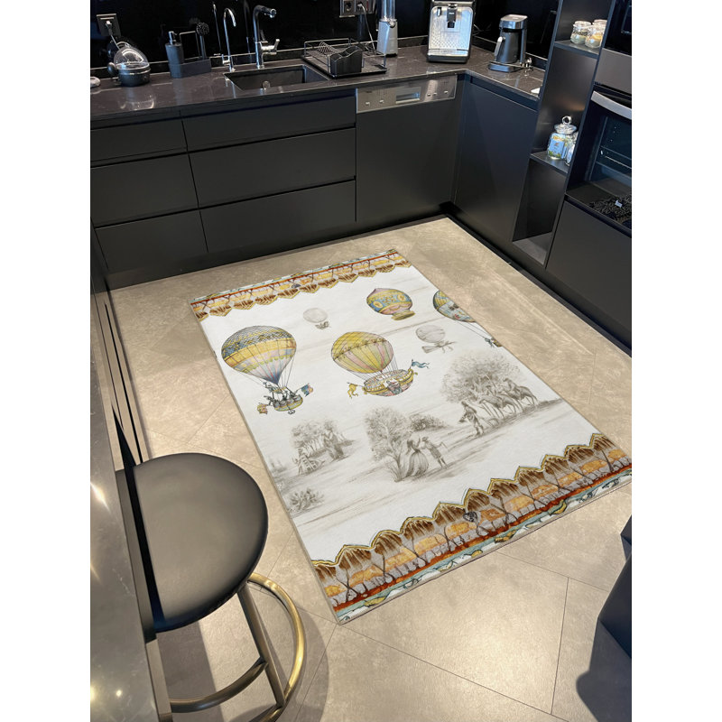 Tapis décoratif à motif de montgolfière, d'arbre et de cavalier jaune-beige, Rectangle 4 pi 11 po x 9 pi 10 po