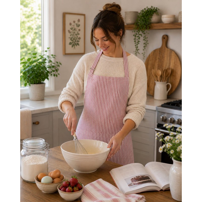 Tablier de cuisine en mélange de lin rayé - Bandoulière réglable, tablier de cuisine léger avec poche avant pour la cuisson, la cuisine et la cuisine de tous les jours