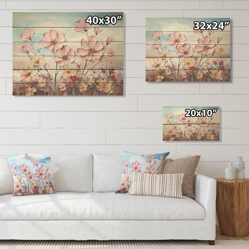 Pink Pansies Blooming Field - Flower Field Wood Wall Art On Natural Pine Wood, 30" H x 40" W
