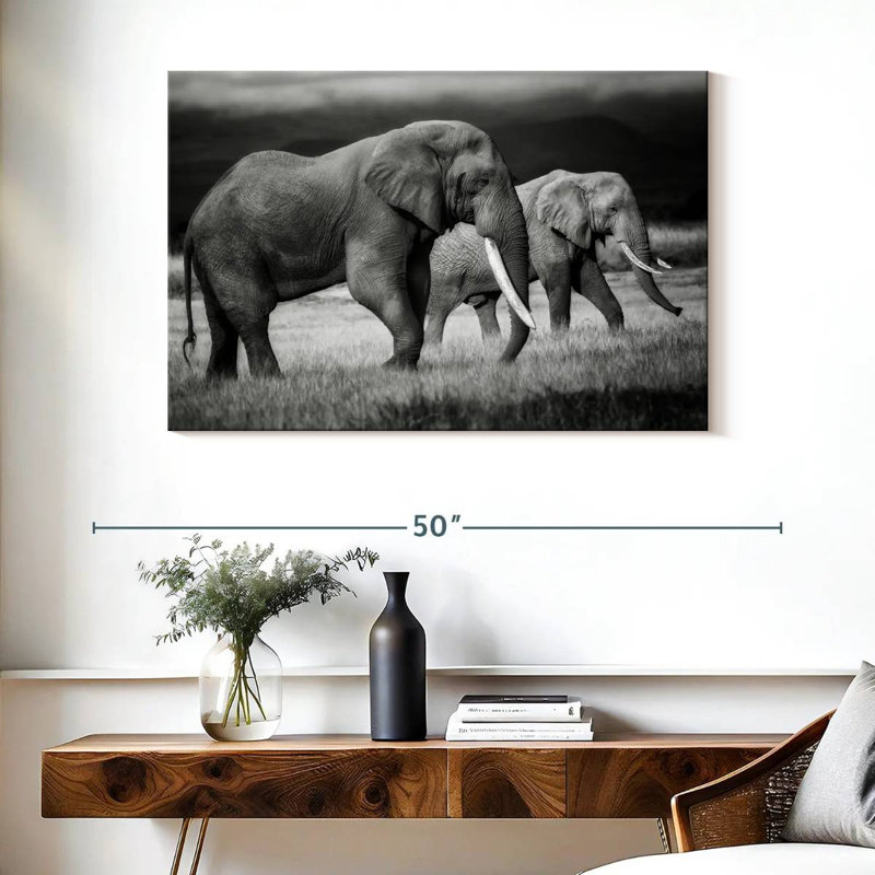 Éléphants kenyans qui paissent, H 26 po x l 39 po