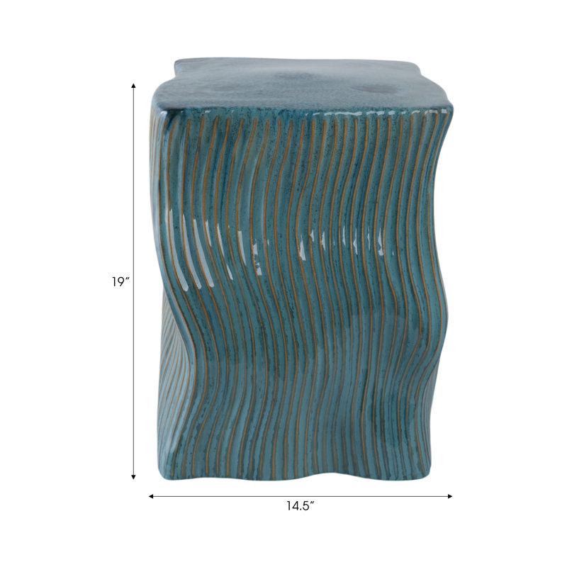 Tabouret de jardin en céramique avec texture ondulée - table d'appoint verte de 19 po pour une utilisation intérieure ou extérieure