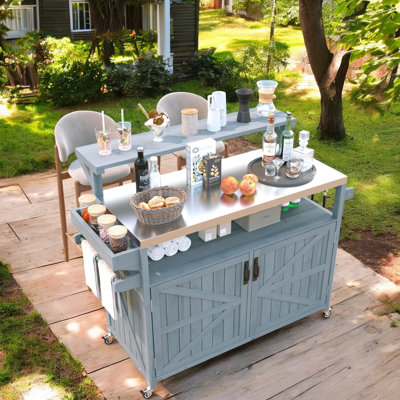 53'' Outdoor Rolling Grill Cart W/ Raised Shelf, Solid Wood Kitchen Island Storage Cabinet With Stainless Steel Top, Internal Storage Rack, Adjustable Shelf, Spice Rack