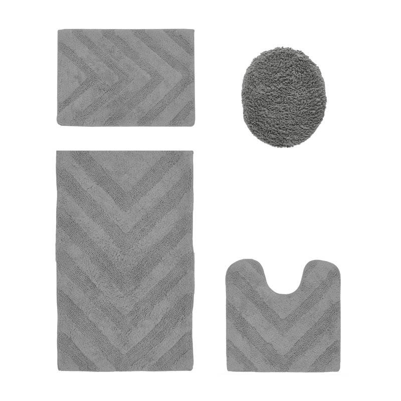 Ensemble de tapis pour salle de bain 100% coton de qualité supérieure Hugo 4 pièces avec envers antidérapant, lavable à la machine, luxueux tapis Chervon à motif super absorbant et touffeté pour la salle de bain, la douche et la baignoire