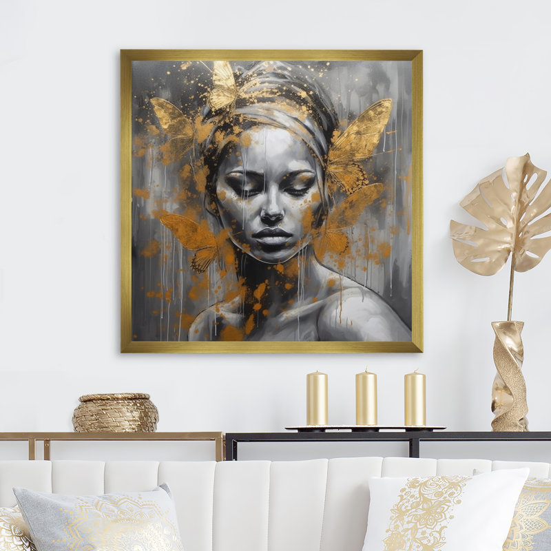 Flying Butterflys In Gold, reproduction d'art sur toile, Encadrement doré, H 36 po x l 36 po x P 1,5 po