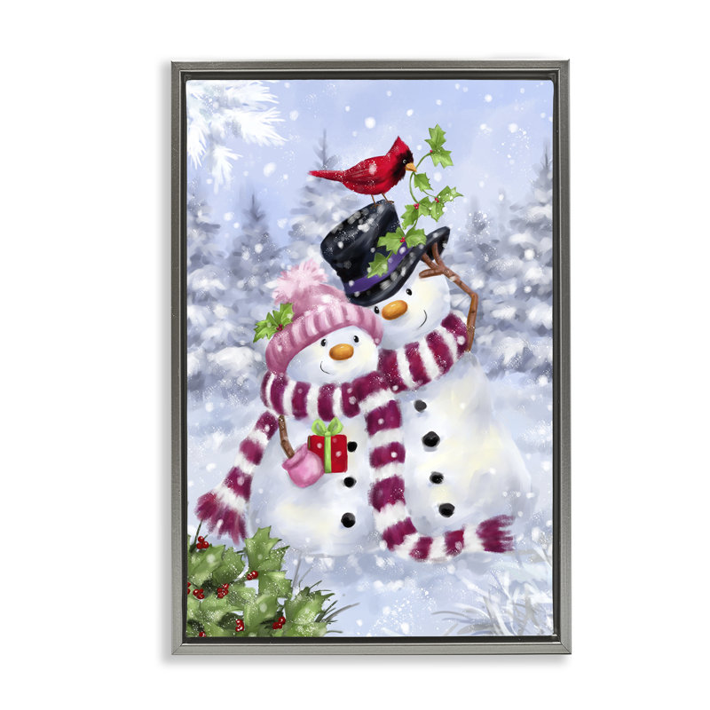 Joyeux bonhomme de neige et toile cardinal par Jean-François, H 31 po x l 21 po, Cadre flottant gris lustré