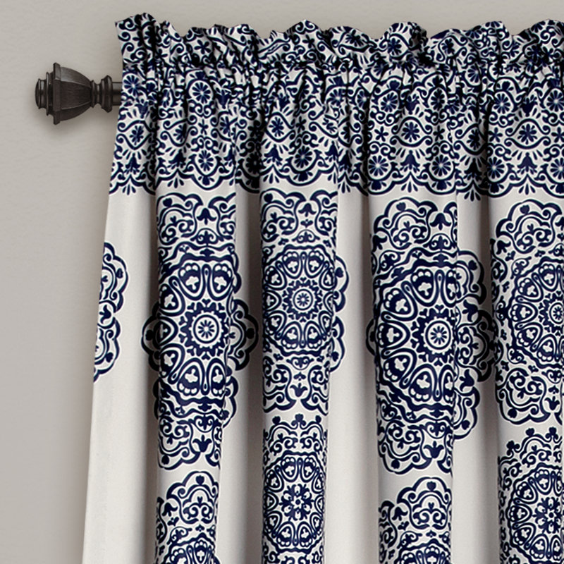 Navy and White Polyester Blackout Medallion Curtain Panels