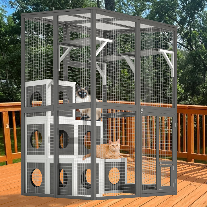 Bois gris - 2 plateformes de saut et 7 maisons pour faire la sieste pour chats heureux, grand chat d'extérieur en bois massif, plateformes, maisons, finition