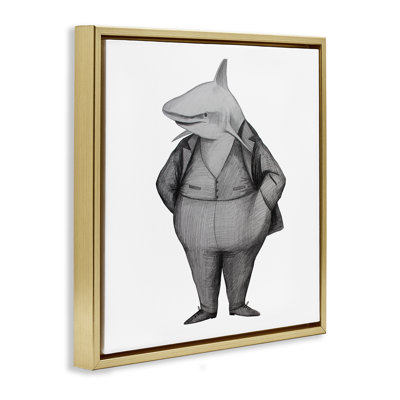 Requin en costume dessinant un cadre flottant, design par Violeta Vollmer