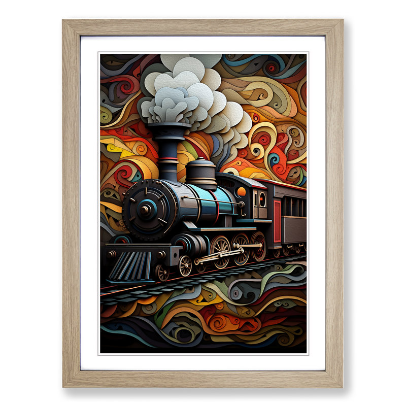 Steam Train Geometric - Framed Print, 34" H x 25" W x 2" D, Oak