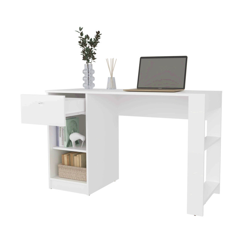 Bureau d'ordinateur avec tiroir et rangement ouvert, Blanc
